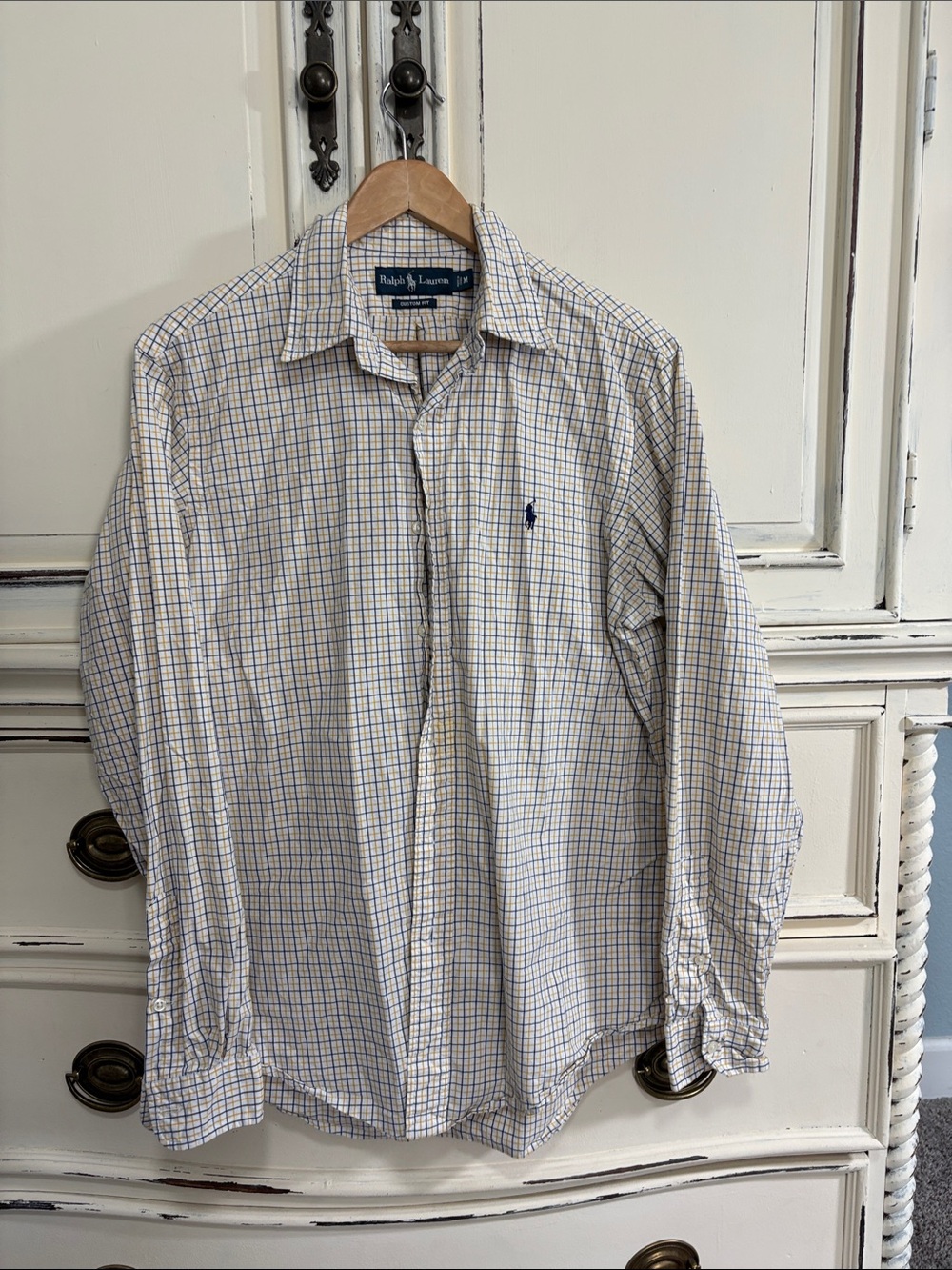 Ralph Lauren White Dress Shirt with Blue and Tan Windowpane Check